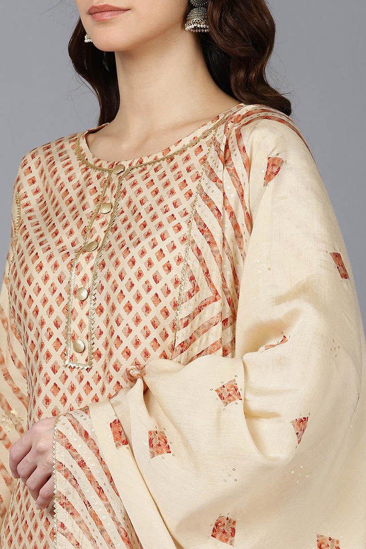 Cream Poly Silk Straight kurta Pant With Dupatta | SHOBITAM