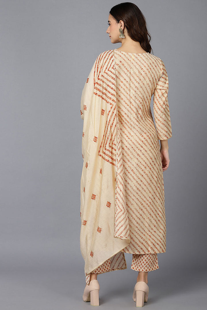 Cream Poly Silk Straight kurta Pant With Dupatta | SHOBITAM