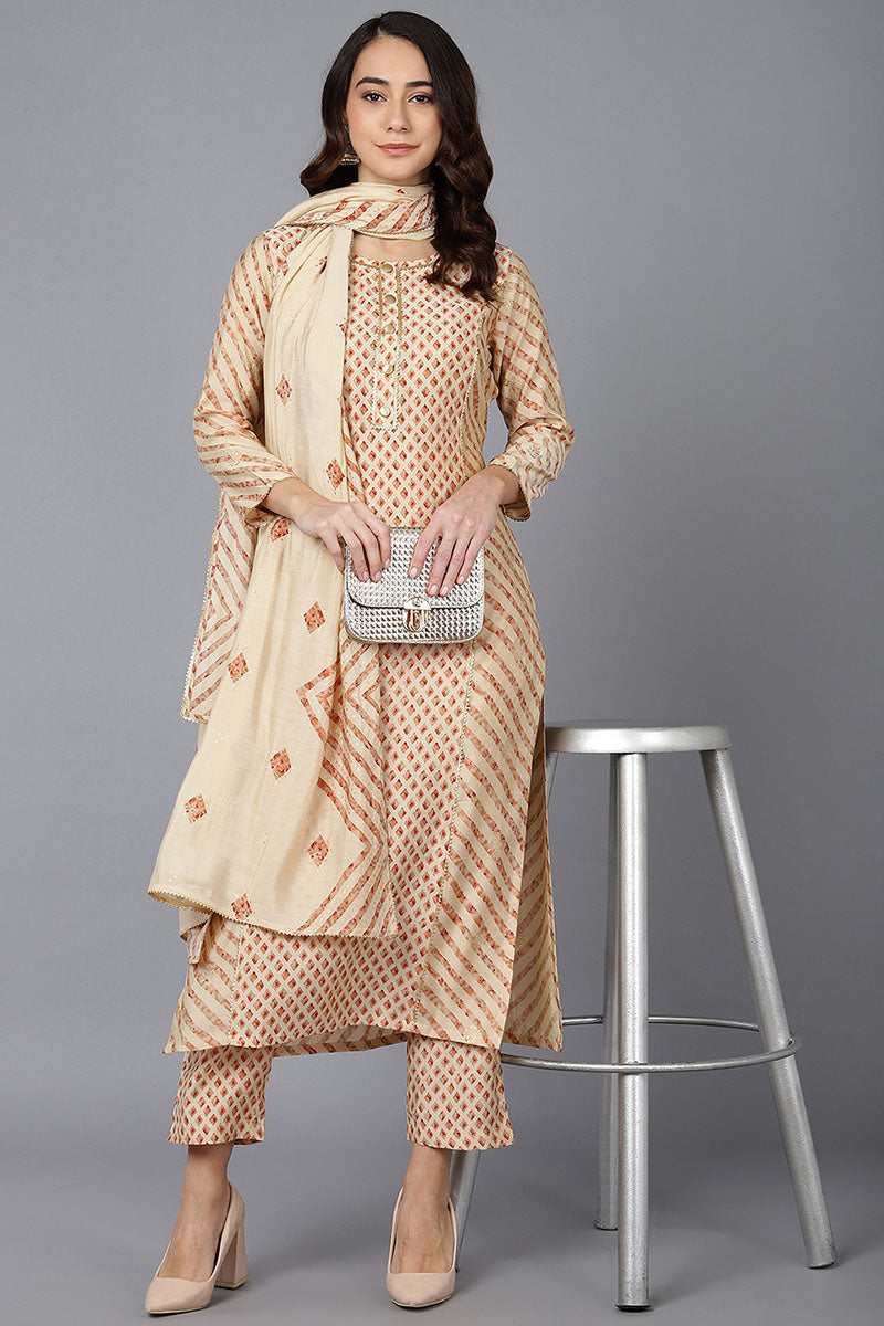 Cream Poly Silk Straight kurta Pant With Dupatta | SHOBITAM