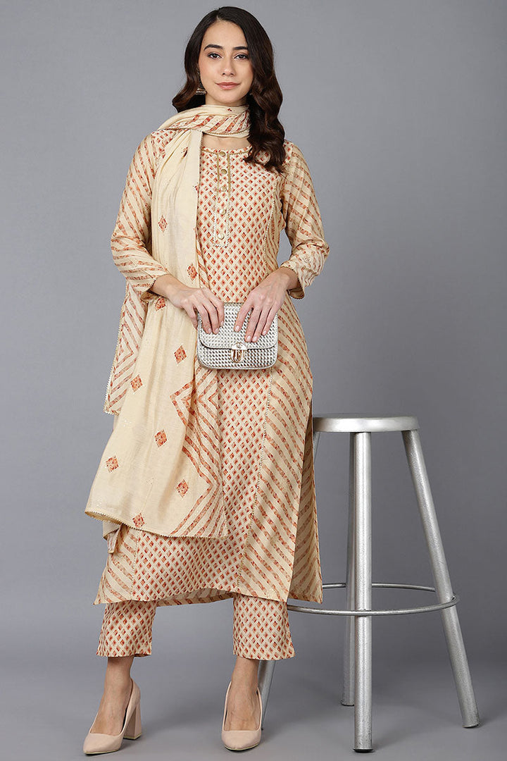 Cream Poly Silk Straight kurta Pant With Dupatta | SHOBITAM