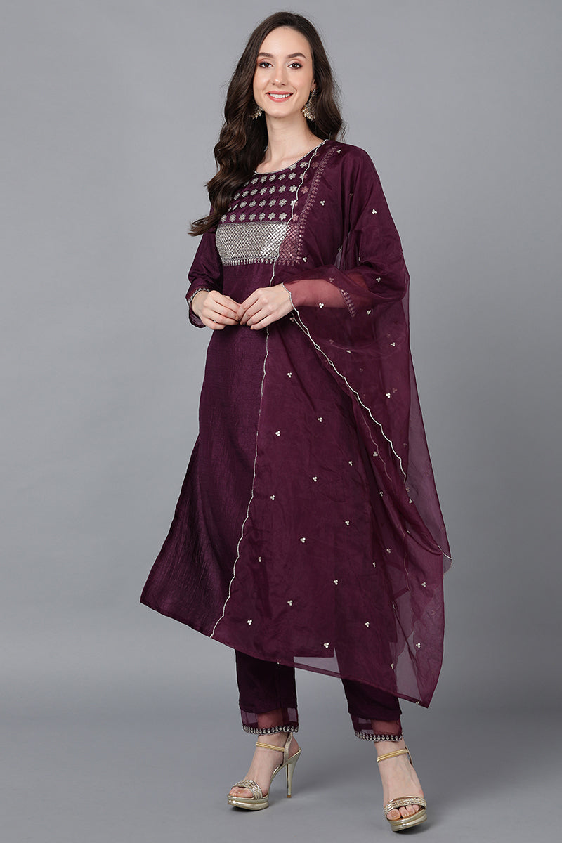 Purple Poly Silk Solid Straight Suit Set  | SHOBITAM