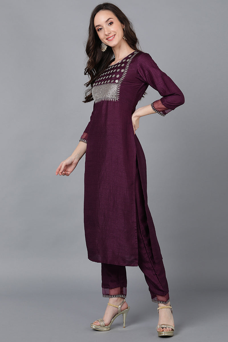 Purple Poly Silk Solid Straight Suit Set  | SHOBITAM