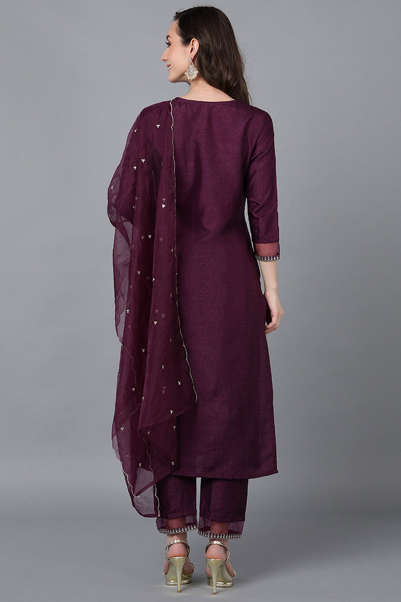 Purple Poly Silk Solid Straight Suit Set  | SHOBITAM