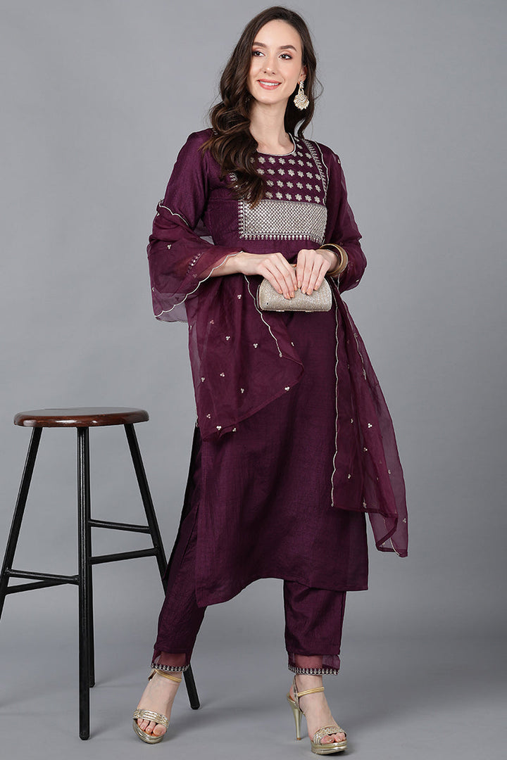 Purple Poly Silk Solid Straight Suit Set  | SHOBITAM