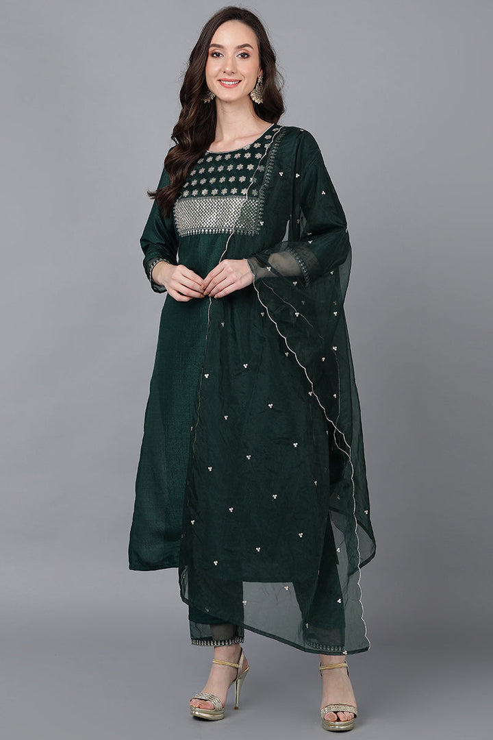 Green Poly Silk Solid Straight Suit Set | SHOBITAM