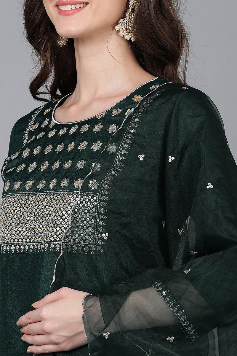 Green Poly Silk Solid Straight Suit Set | SHOBITAM