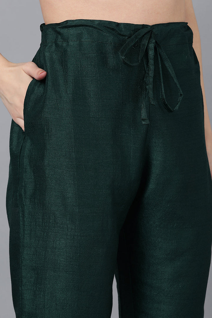 Green Poly Silk Solid Straight Suit Set | SHOBITAM