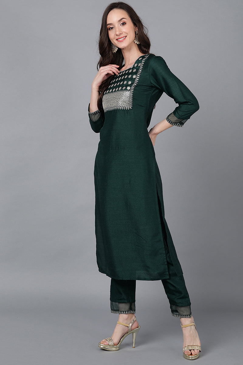 Green Poly Silk Solid Straight Suit Set | SHOBITAM