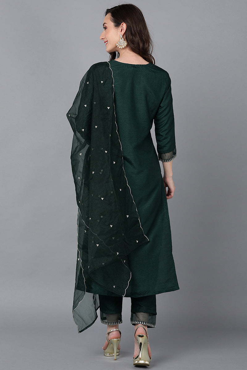 Green Poly Silk Solid Straight Suit Set | SHOBITAM