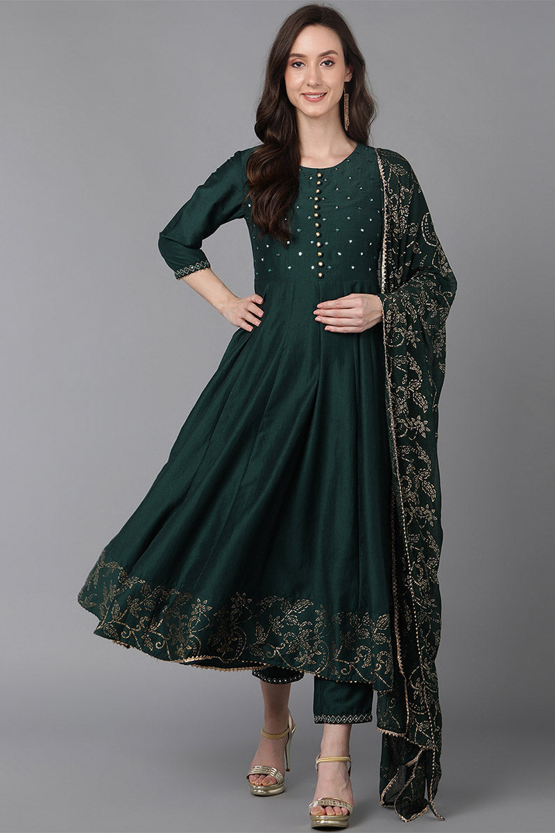 Green Poly Silk Ethnic Motifs Solid Kurta Trousers With Dupatta | SHOBITAM