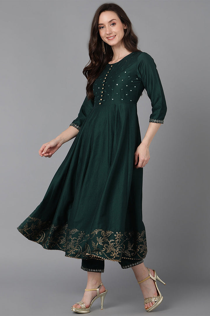 Green Poly Silk Ethnic Motifs Solid Kurta Trousers With Dupatta | SHOBITAM