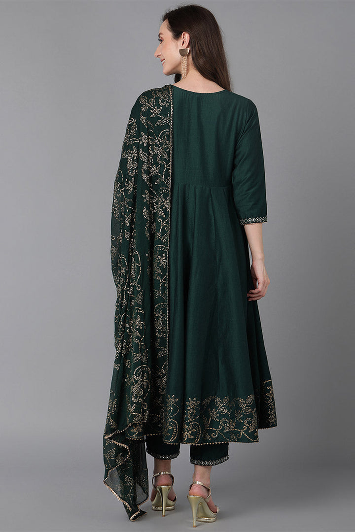 Green Poly Silk Ethnic Motifs Solid Kurta Trousers With Dupatta | SHOBITAM