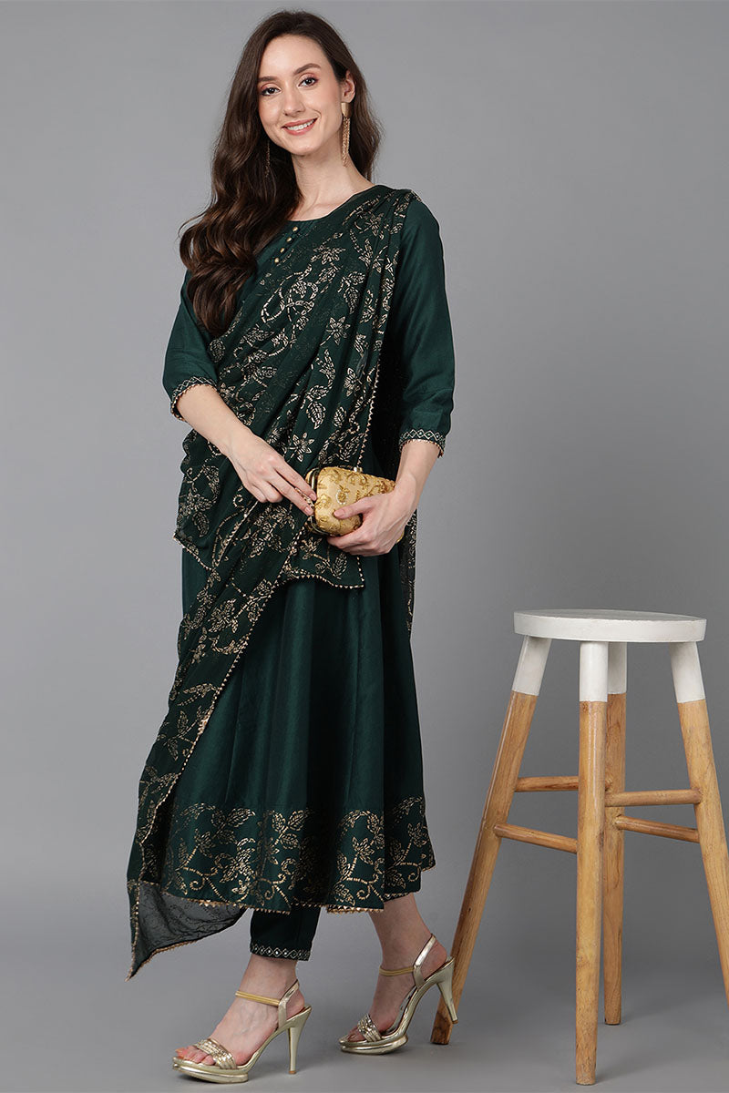 Green Poly Silk Ethnic Motifs Solid Kurta Trousers With Dupatta | SHOBITAM