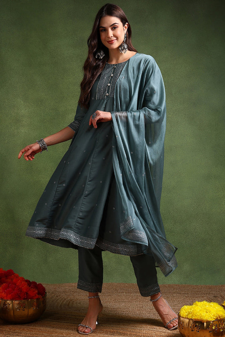 Teal Poly Silk Anarkali Kurta Pant With Dupatta | SHOBITAM