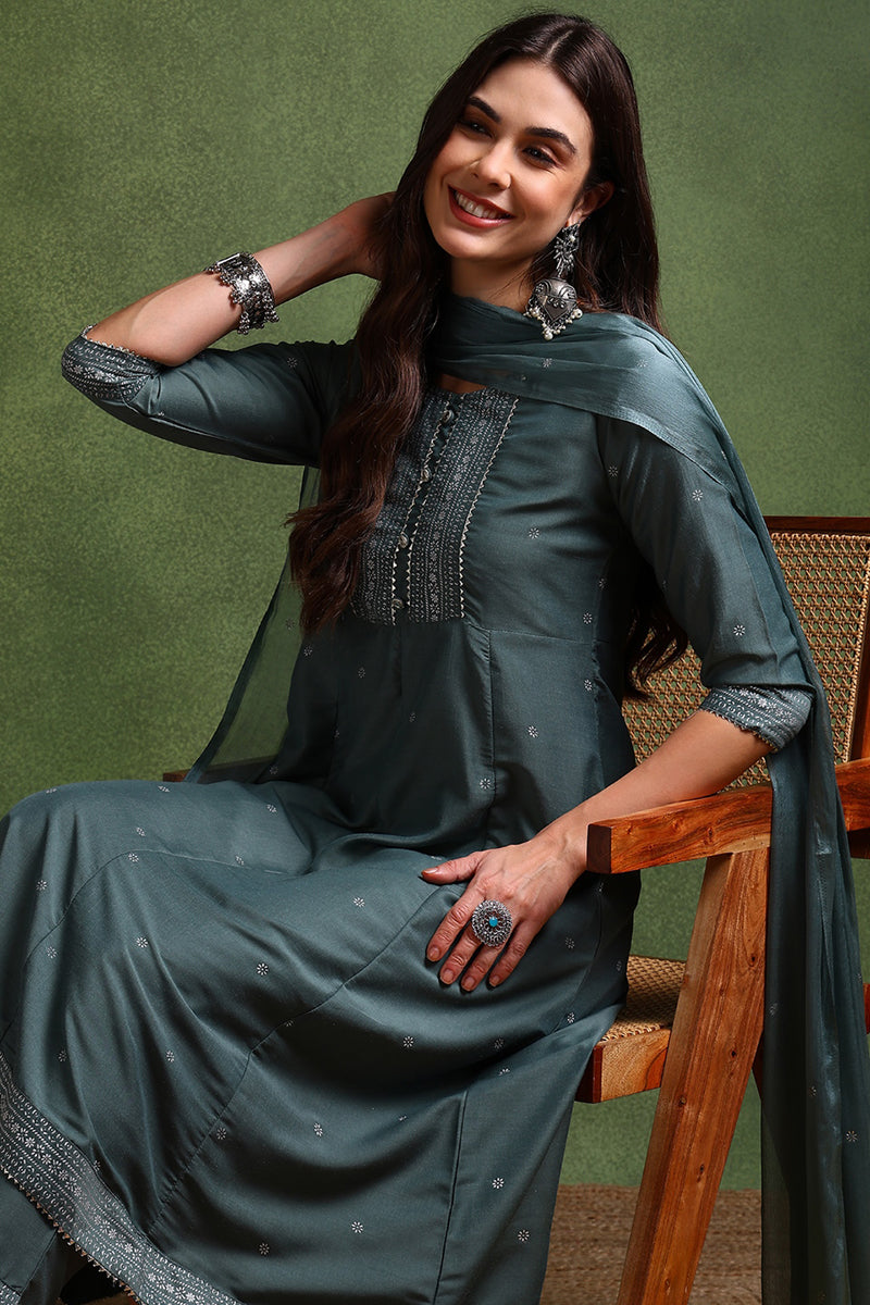 Teal Poly Silk Anarkali Kurta Pant With Dupatta | SHOBITAM