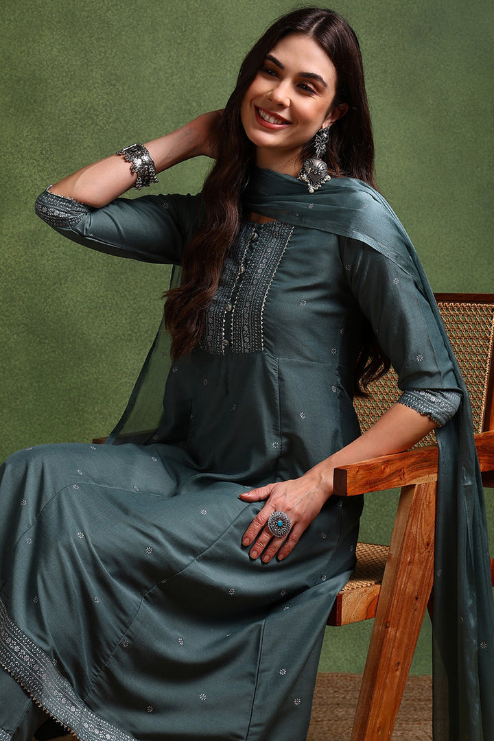 Teal Poly Silk Anarkali Kurta Pant With Dupatta | SHOBITAM
