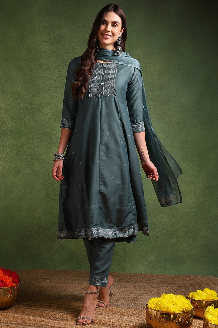 Teal Poly Silk Anarkali Kurta Pant With Dupatta | SHOBITAM