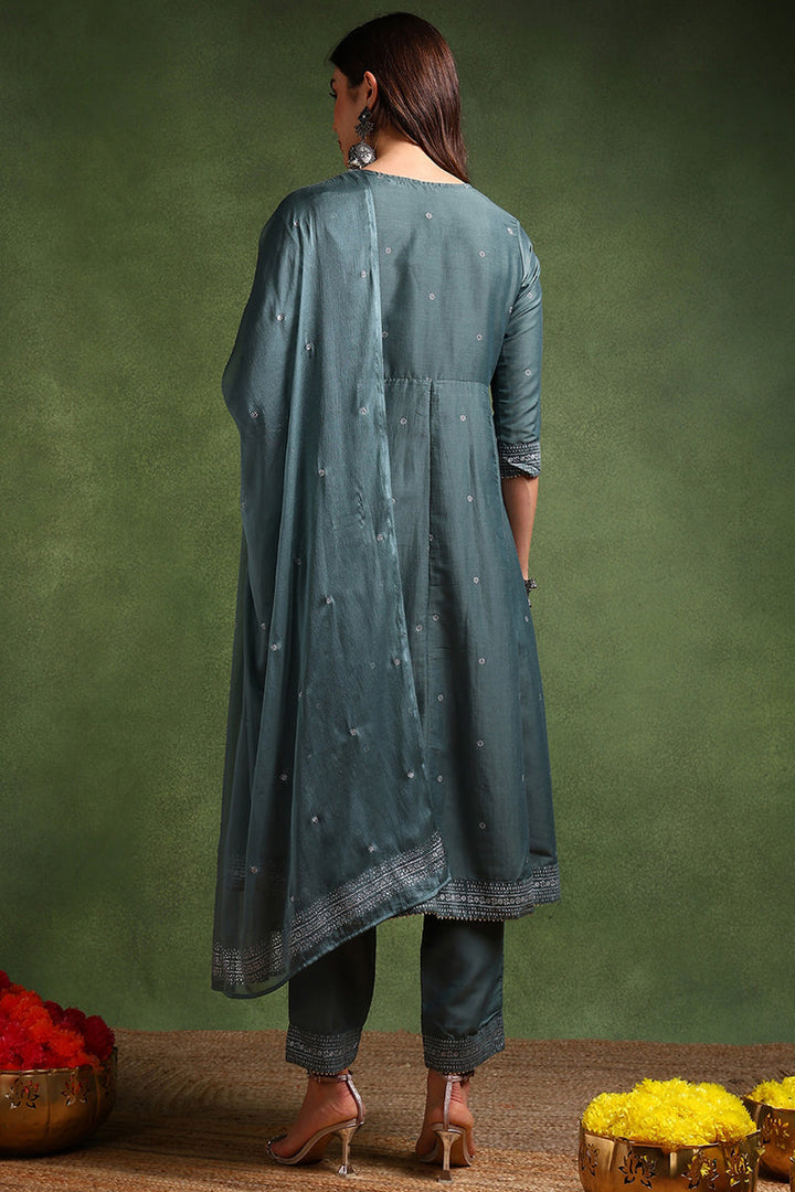 Teal Poly Silk Anarkali Kurta Pant With Dupatta | SHOBITAM