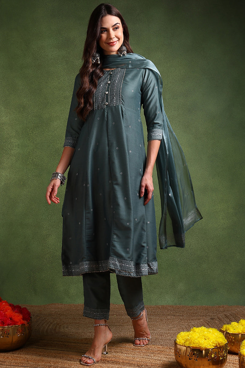 Teal Poly Silk Anarkali Kurta Pant With Dupatta | SHOBITAM