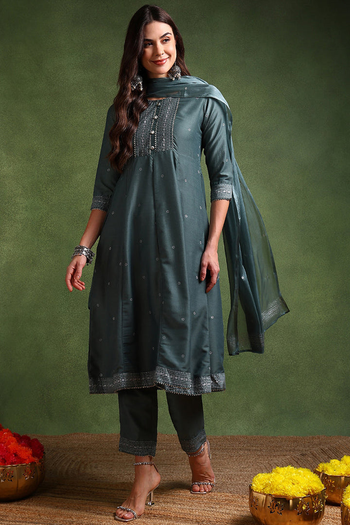 Teal Poly Silk Anarkali Kurta Pant With Dupatta | SHOBITAM