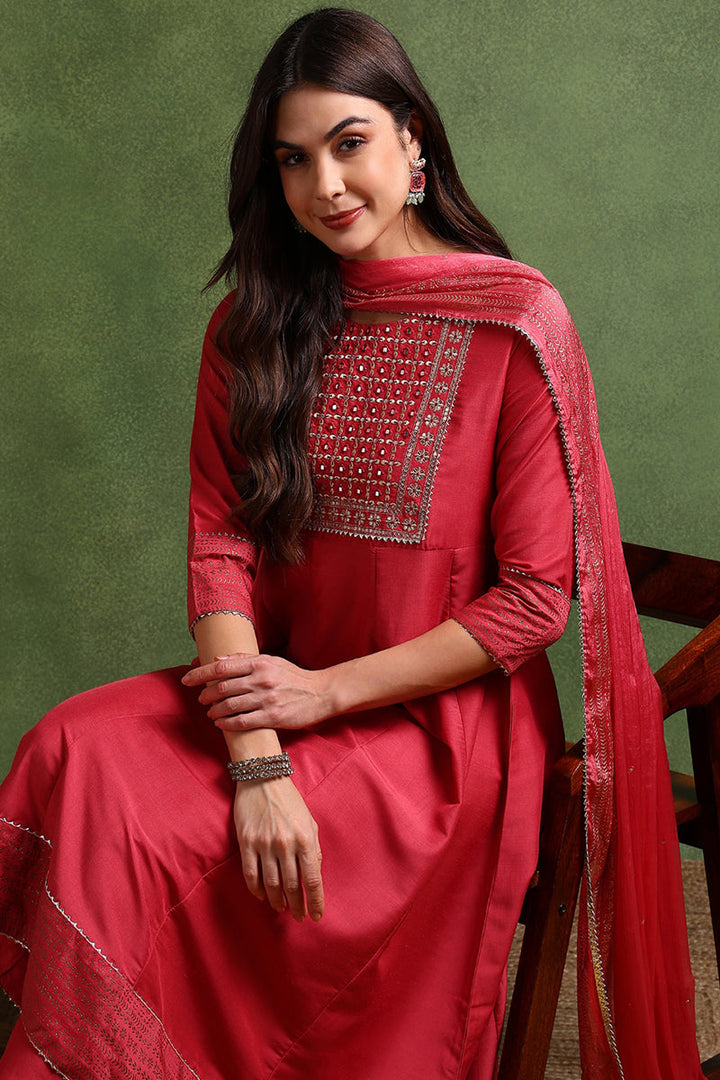 Rose Poly Silk Solid Yoke Design Kurta Trousers With Dupatta | SHOBITAM