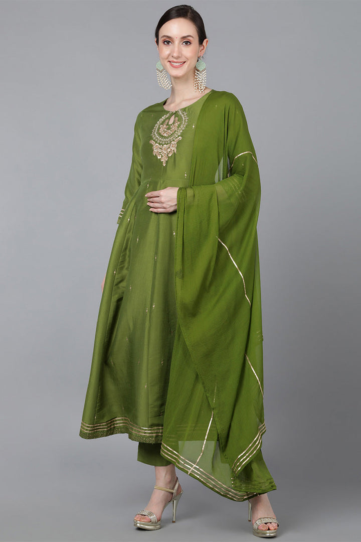 Green Poly Silk Ethnic Motifs Yoke Design Kurta Trousers With Dupatta   | SHOBITAM