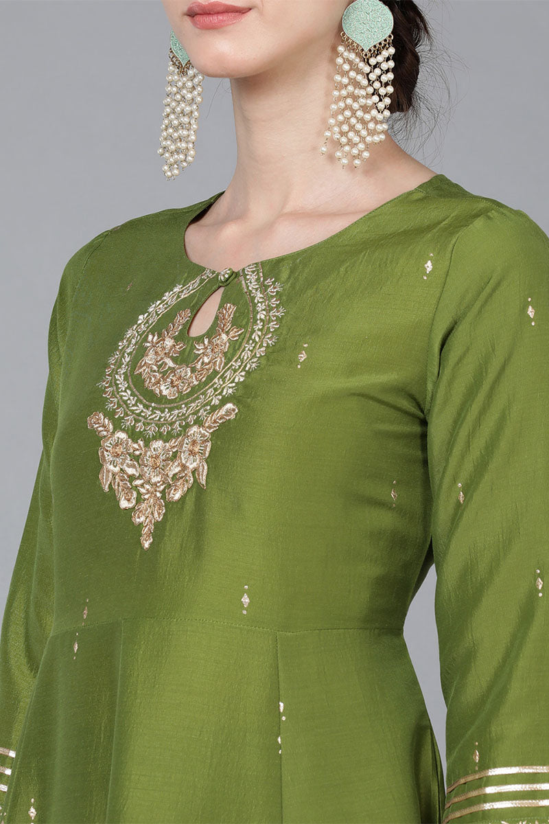 Green Poly Silk Ethnic Motifs Yoke Design Kurta Trousers With Dupatta   | SHOBITAM