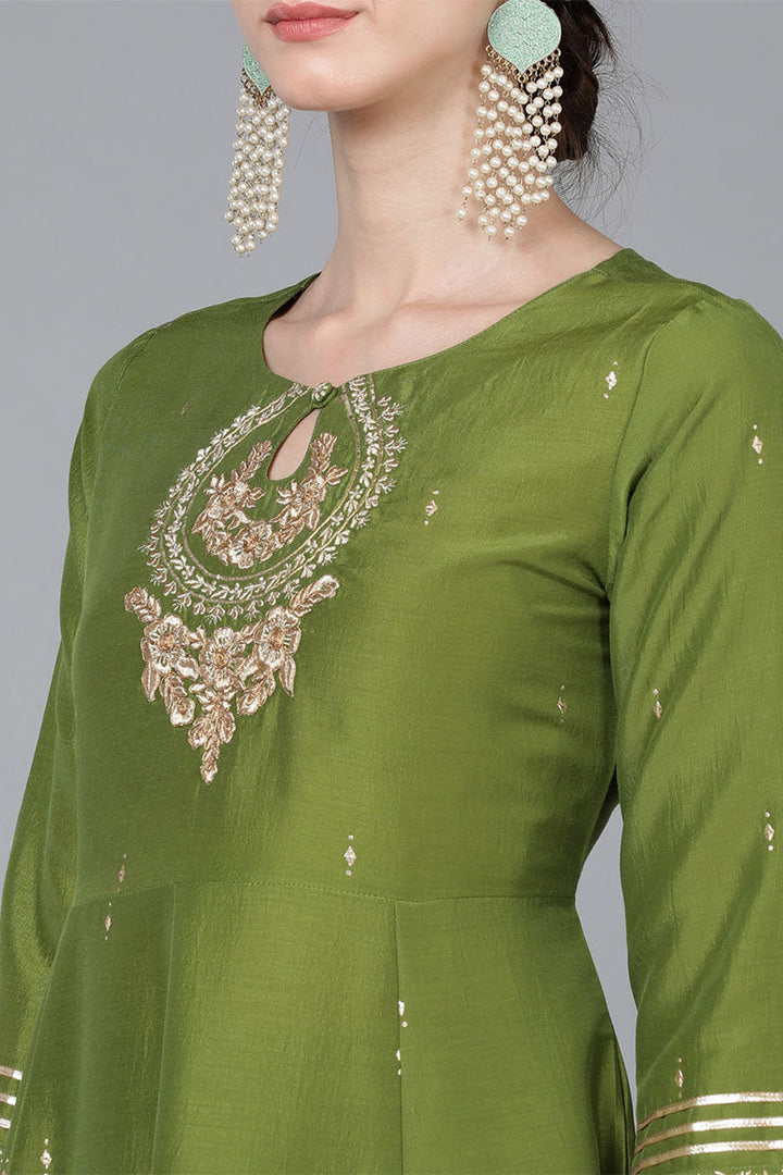 Green Poly Silk Ethnic Motifs Yoke Design Kurta Trousers With Dupatta   | SHOBITAM