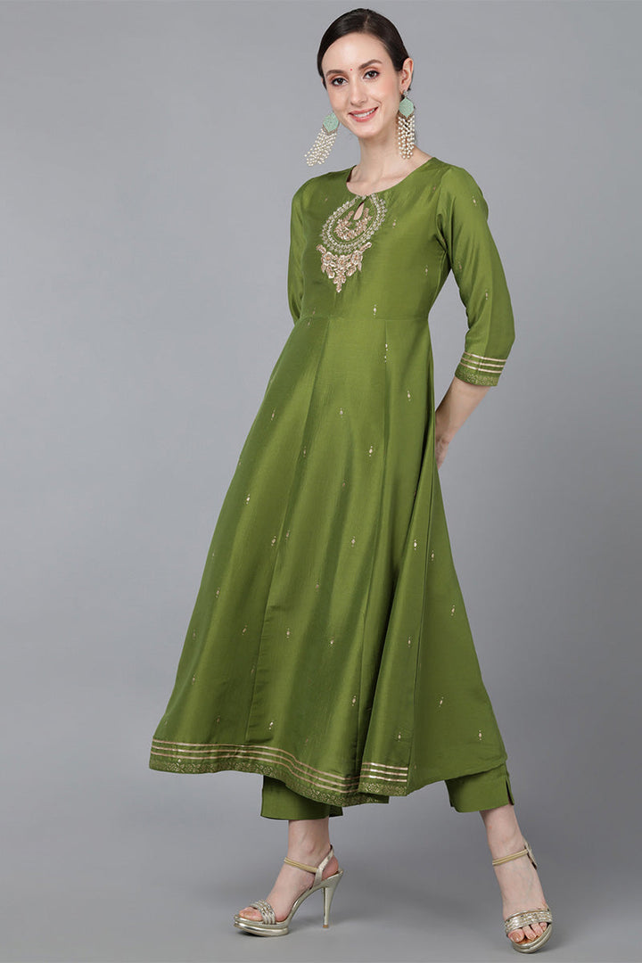 Green Poly Silk Ethnic Motifs Yoke Design Kurta Trousers With Dupatta   | SHOBITAM