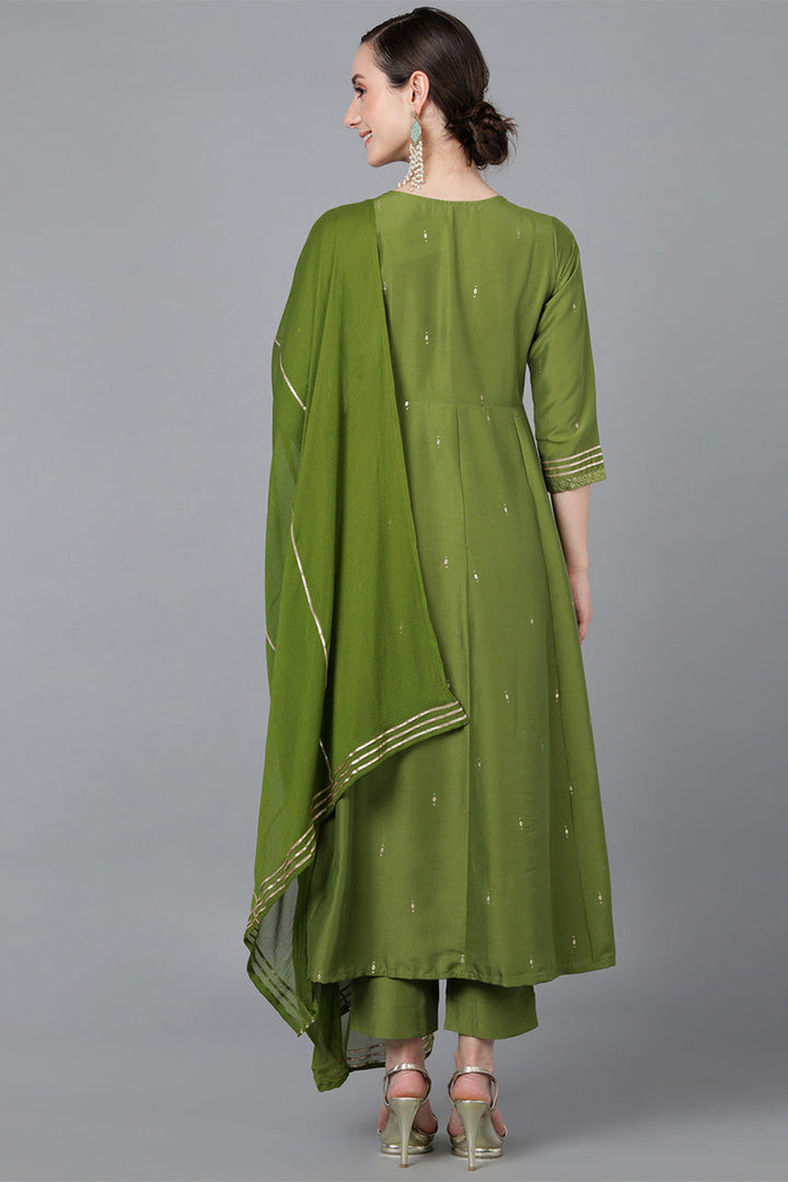 Green Poly Silk Ethnic Motifs Yoke Design Kurta Trousers With Dupatta   | SHOBITAM