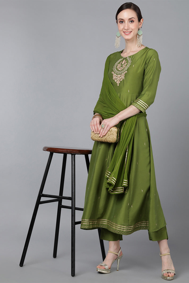 Green Poly Silk Ethnic Motifs Yoke Design Kurta Trousers With Dupatta   | SHOBITAM