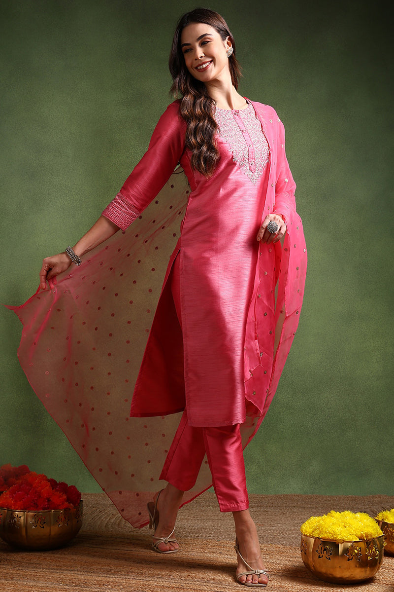 Pink Poly Silk Solid Yoke Design Kurta Trousers With Dupatta | SHOBITAM