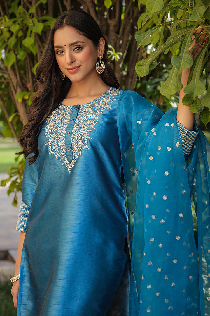 Blue Poly Silk Solid Yoke Design Kurta Trousers With Dupatta | SHOBITAM