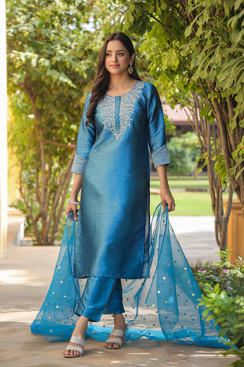 Blue Poly Silk Solid Yoke Design Kurta Trousers With Dupatta | SHOBITAM