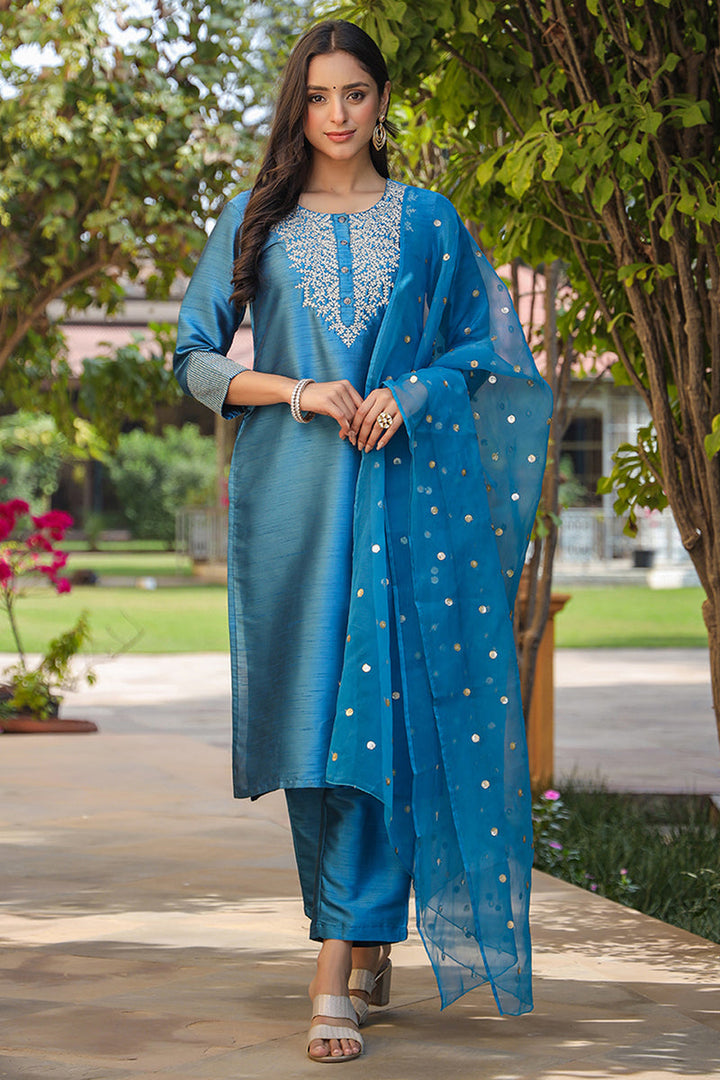 Blue Poly Silk Solid Yoke Design Kurta Trousers With Dupatta | SHOBITAM
