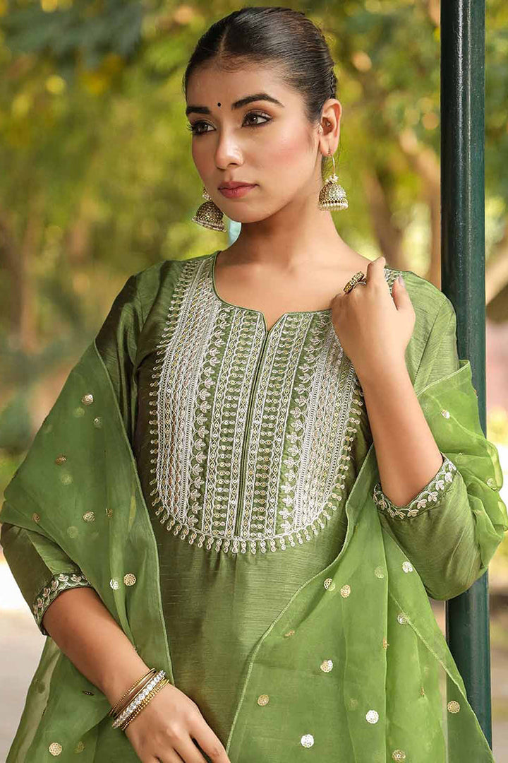 Green Poly Silk Solid Yoke Design Suit Set  | SHOBITAM