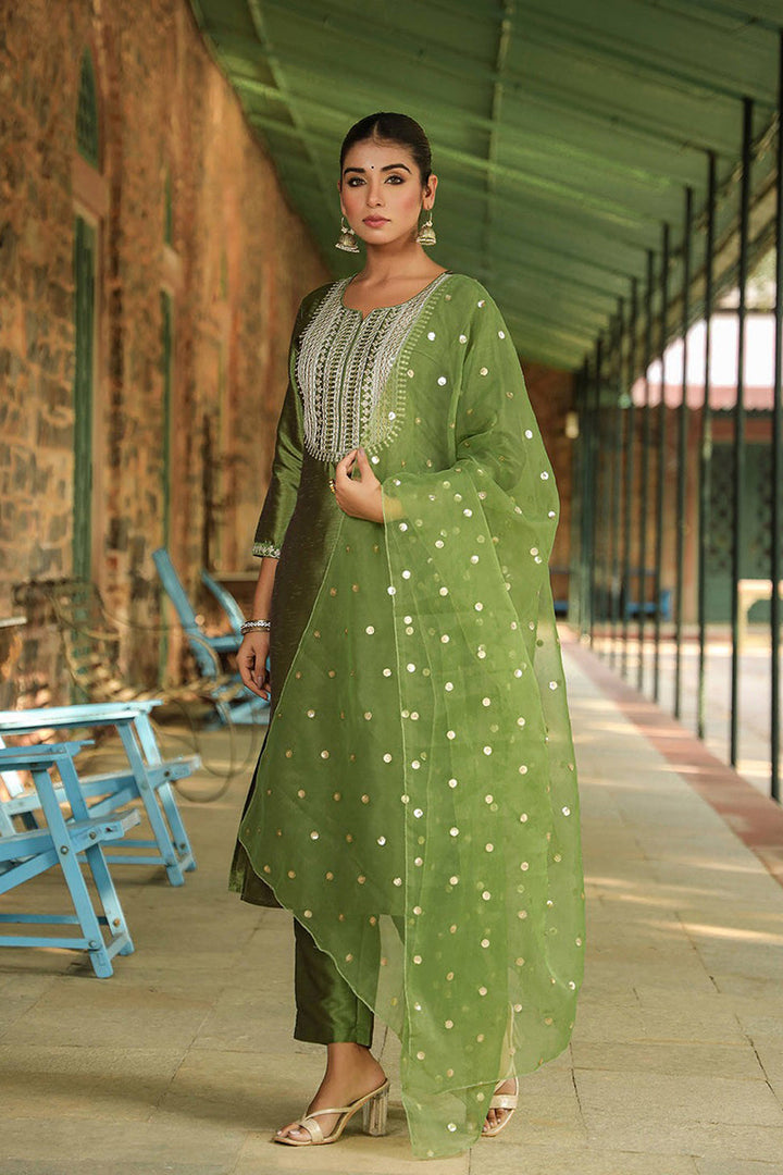 Green Poly Silk Solid Yoke Design Suit Set  | SHOBITAM