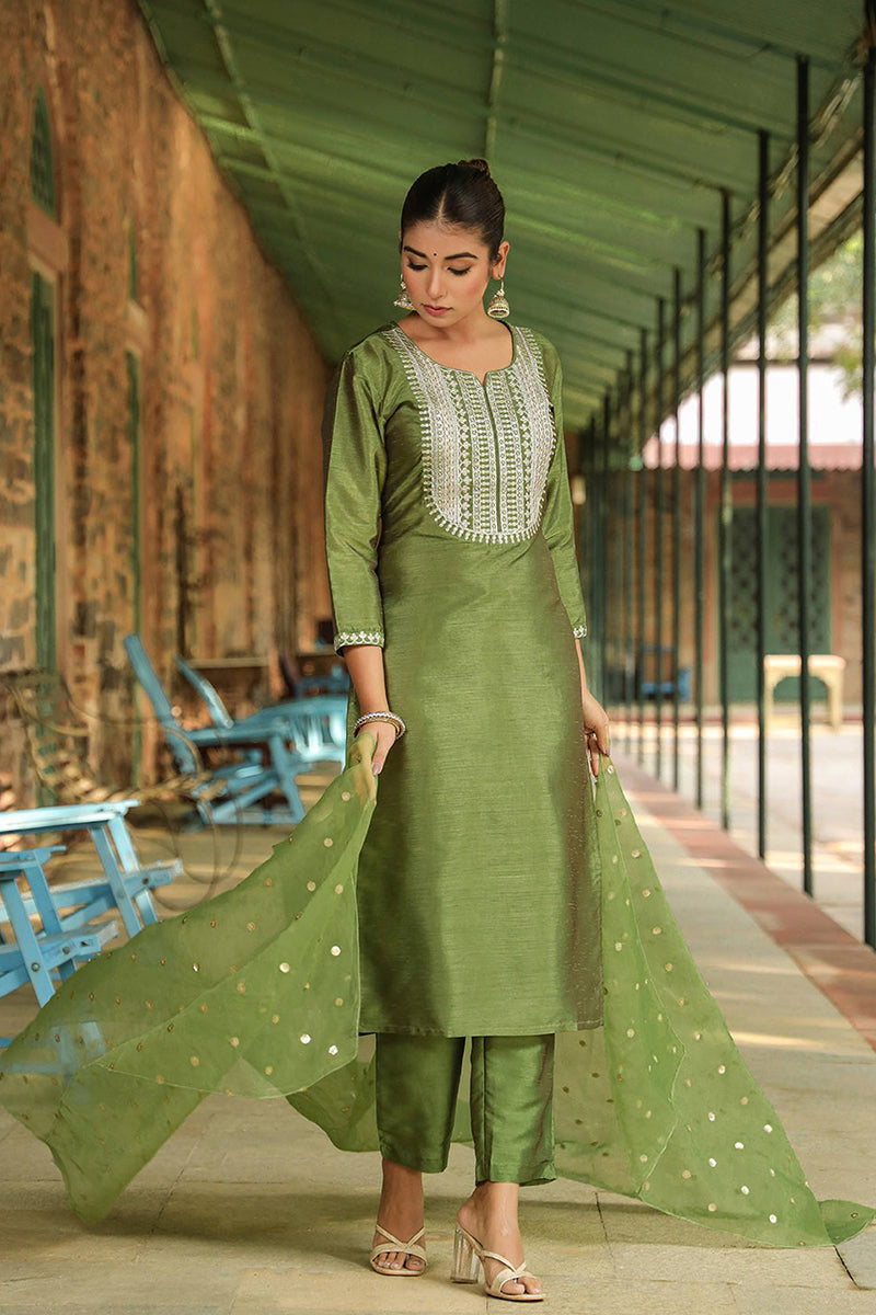 Green Poly Silk Solid Yoke Design Suit Set  | SHOBITAM