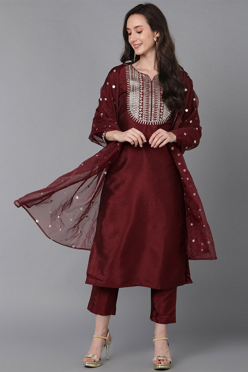 Maroon Poly Silk Solid Yoke Design Kurta Trousers With Dupatta   | SHOBITAM