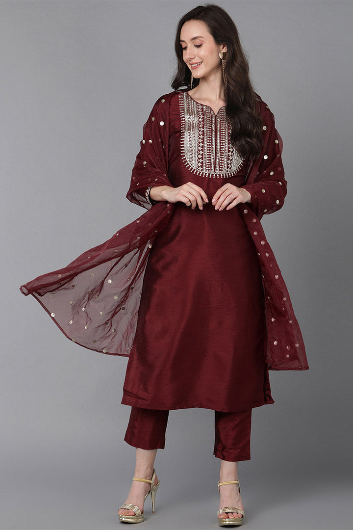 Maroon Poly Silk Solid Yoke Design Kurta Trousers With Dupatta   | SHOBITAM