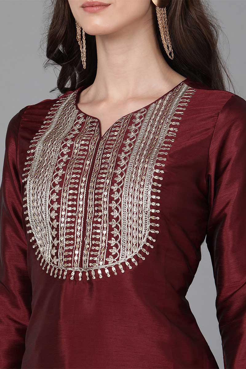 Maroon Poly Silk Solid Yoke Design Kurta Trousers With Dupatta   | SHOBITAM