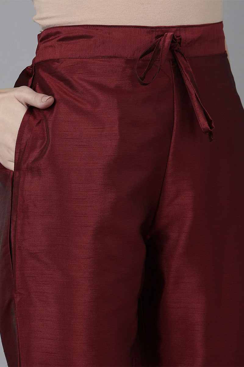 Maroon Poly Silk Solid Yoke Design Kurta Trousers With Dupatta   | SHOBITAM