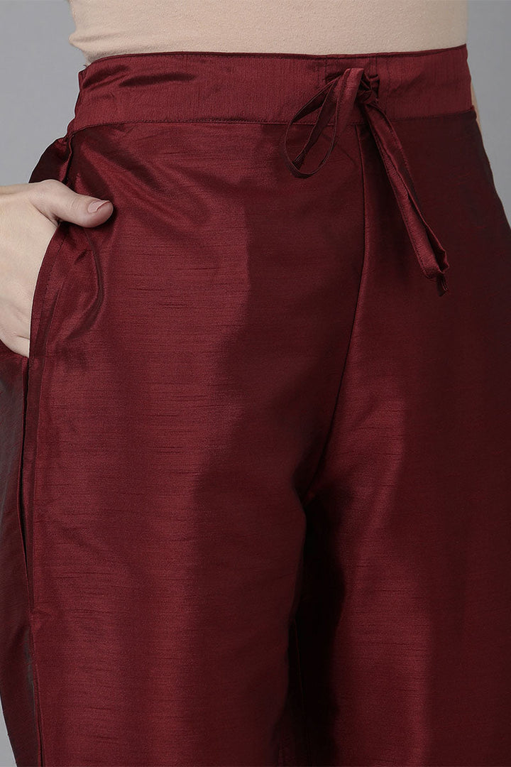 Maroon Poly Silk Solid Yoke Design Kurta Trousers With Dupatta   | SHOBITAM