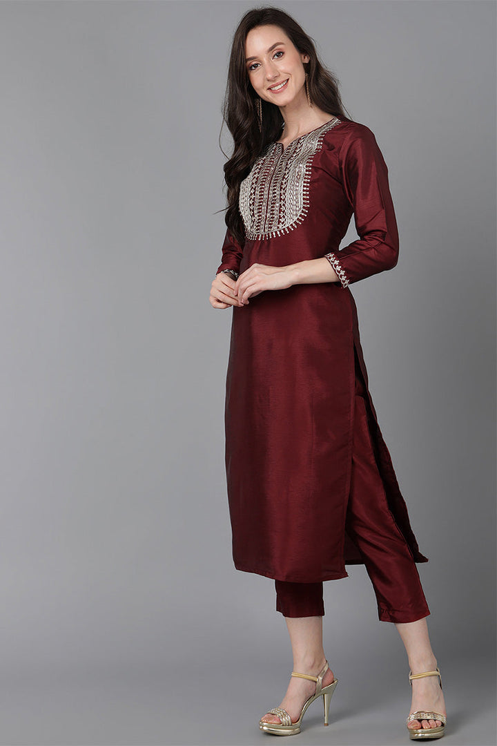 Maroon Poly Silk Solid Yoke Design Kurta Trousers With Dupatta   | SHOBITAM