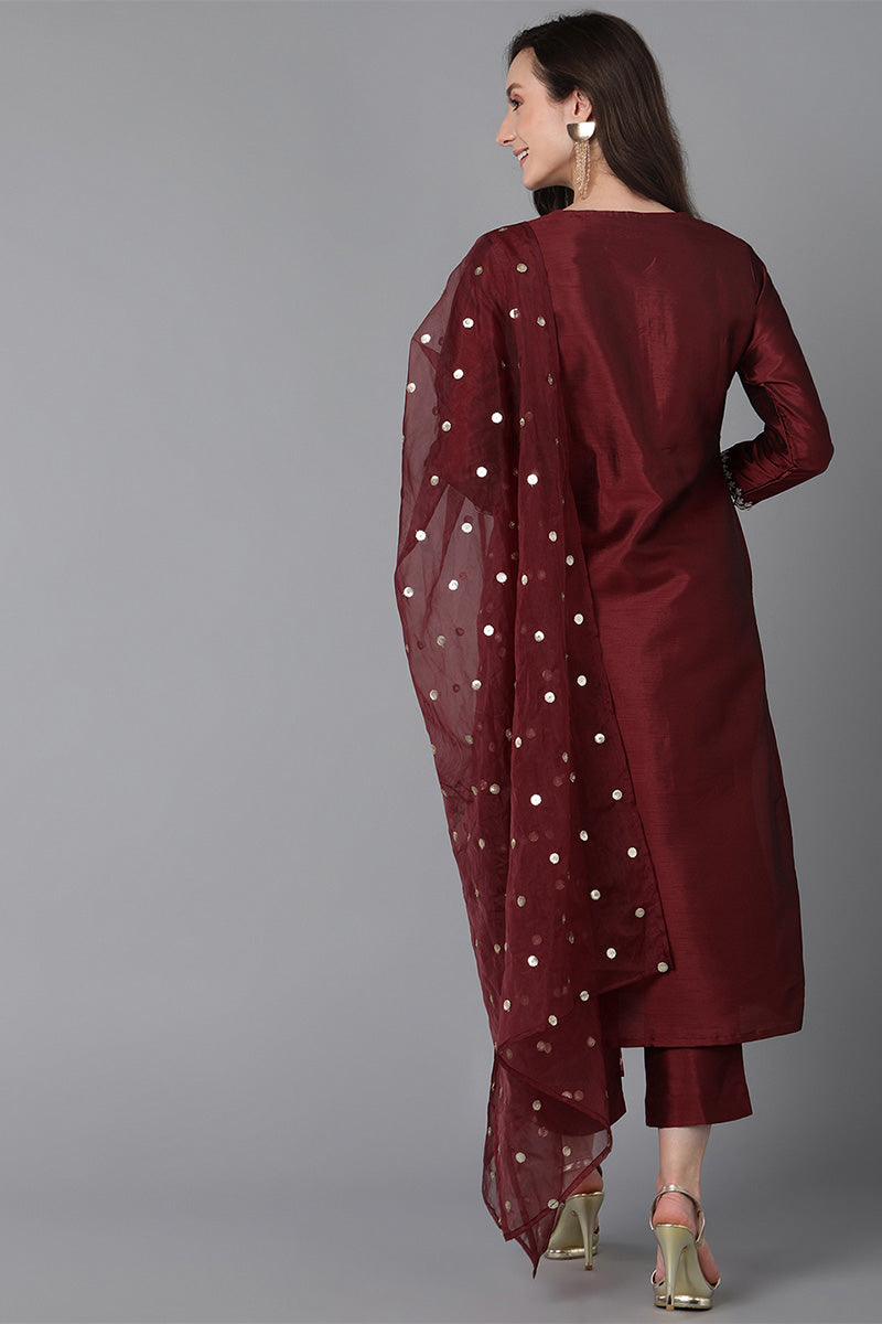 Maroon Poly Silk Solid Yoke Design Kurta Trousers With Dupatta   | SHOBITAM