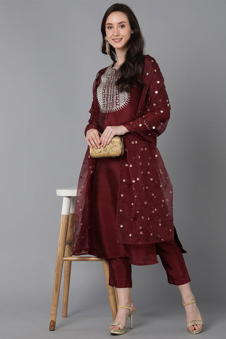 Maroon Poly Silk Solid Yoke Design Kurta Trousers With Dupatta   | SHOBITAM