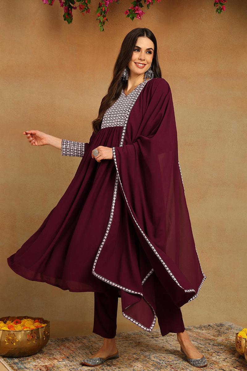 Burgundy Poly Georgette Yoke Design Suit Set | SHOBITAM