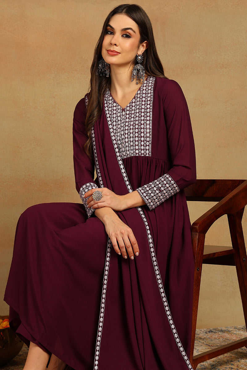 Burgundy Poly Georgette Yoke Design Suit Set | SHOBITAM