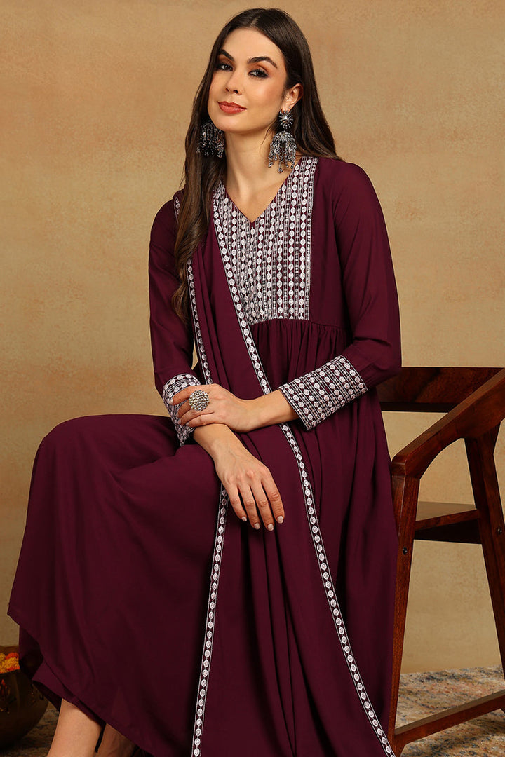 Burgundy Poly Georgette Yoke Design Suit Set | SHOBITAM