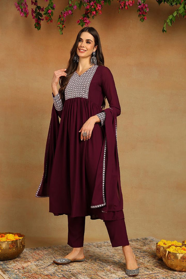 Burgundy Poly Georgette Yoke Design Suit Set | SHOBITAM